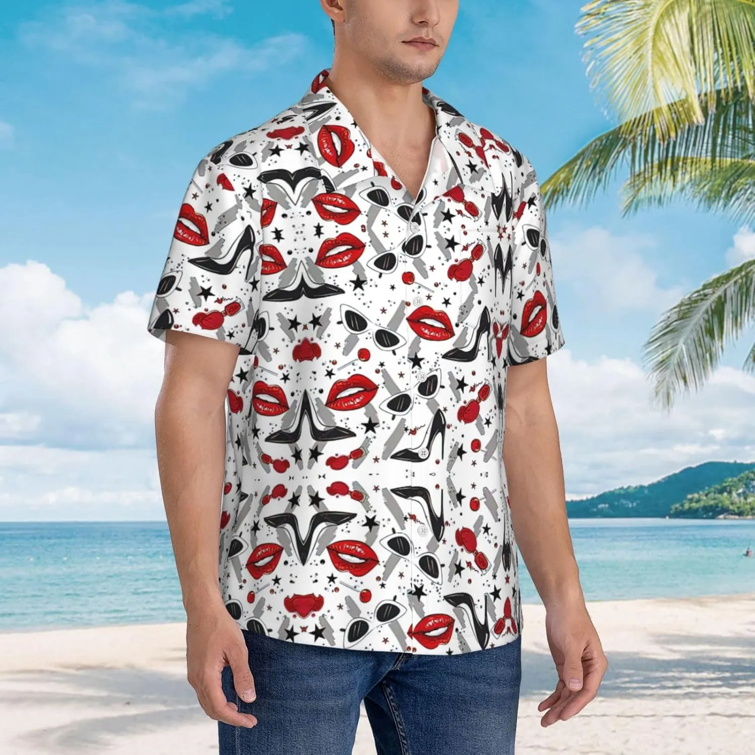 Lips High Heels Printed Hawaiian Shirts – Funky Tropical Summer Outfits – Retro Beach Wear for Men