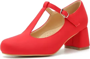 LIURUIJIA Women's T-Strap Low Chunky Heels Mary Jane Pumps Round Closed Toe Comfy Dress Shoes for Women
