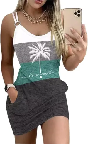 Live Simple Coconut Tree Color Block Mini Dress for Women Summer Beach Vacation Tank Dresses Sleeveless Short Dress