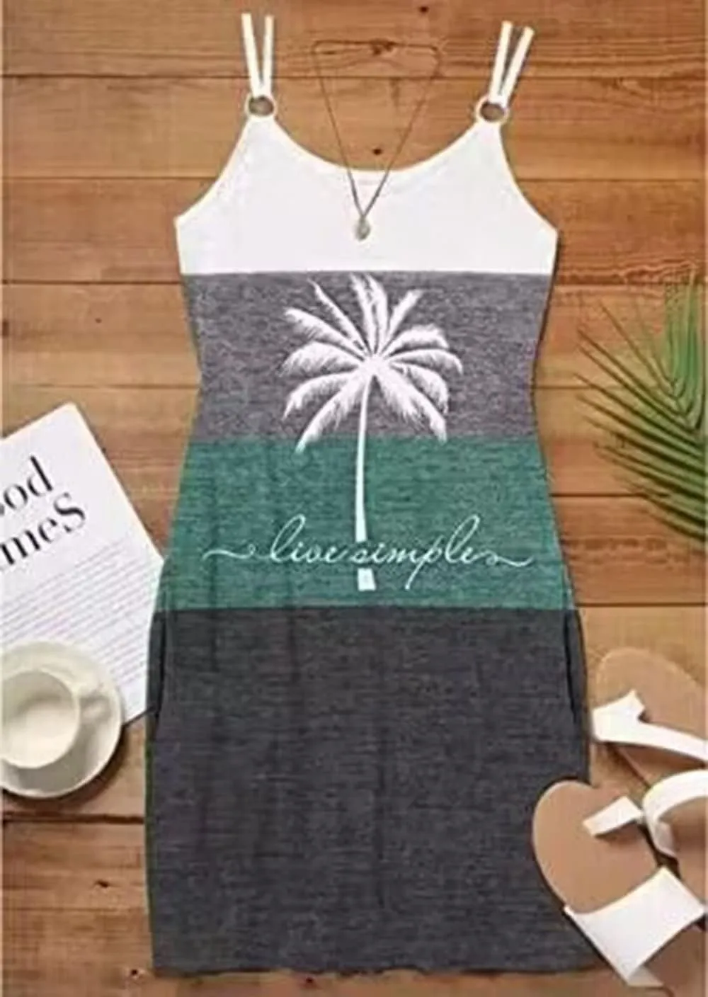 Live Simple Coconut Tree Color Block Mini Dress for Women Summer Beach Vacation Tank Dresses Sleeveless Short Dress