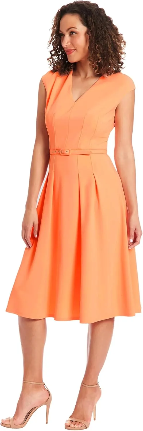 London Times V-Neck Knee Length Fit and Flare Belt | Business Casual Dress for Women