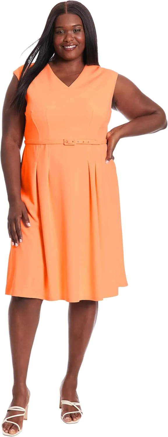 London Times V-Neck Knee Length Fit and Flare Belt | Business Casual Dress for Women