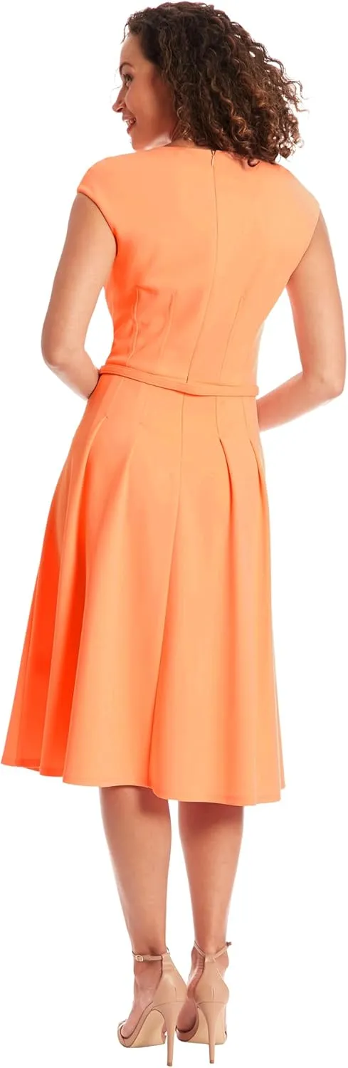London Times V-Neck Knee Length Fit and Flare Belt | Business Casual Dress for Women
