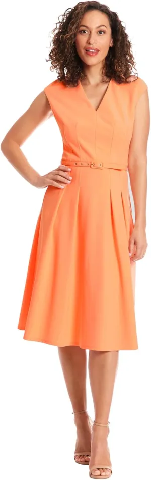 London Times V-Neck Knee Length Fit and Flare Belt | Business Casual Dress for Women