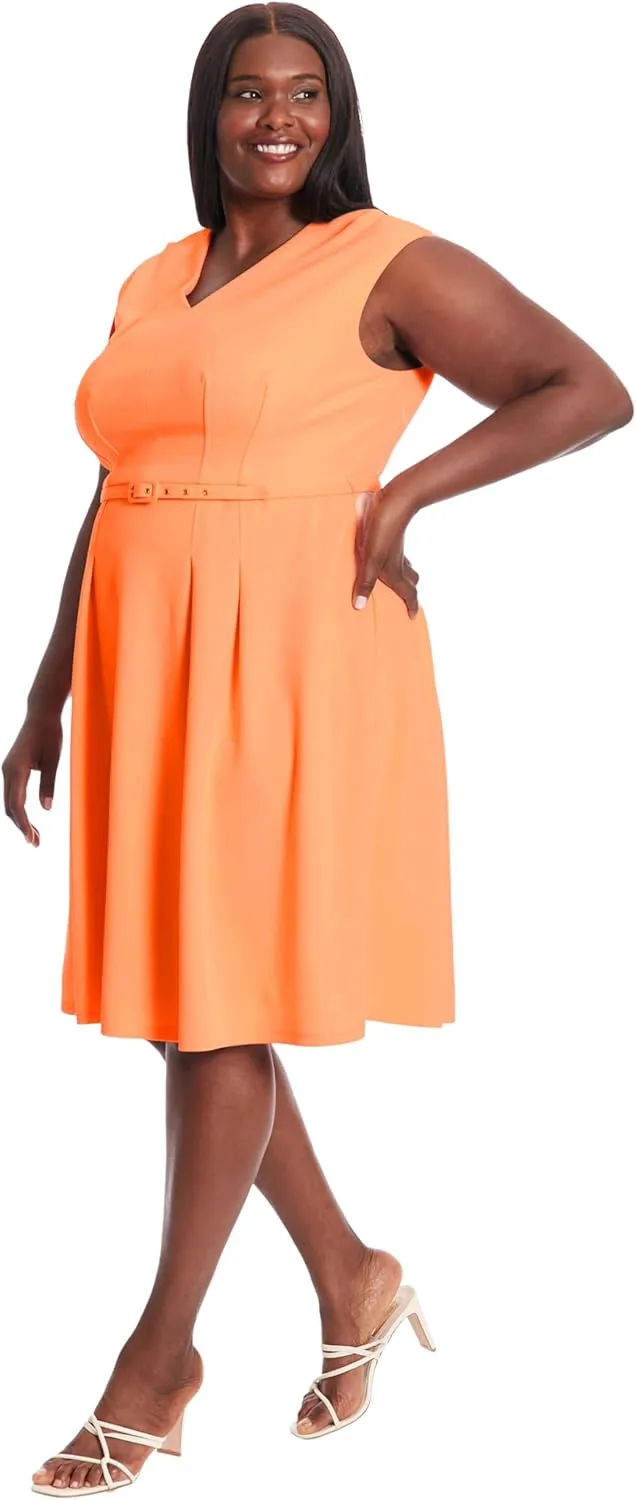 London Times V-Neck Knee Length Fit and Flare Belt | Business Casual Dress for Women