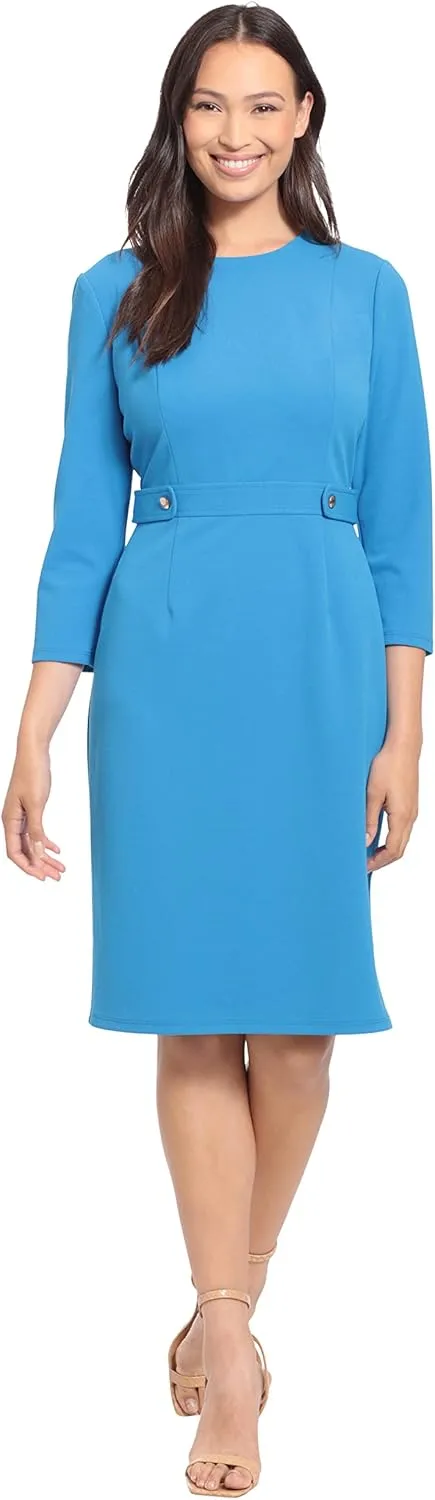 London Times Women's Work Office Business Sheath Dress with Button Waist Detail