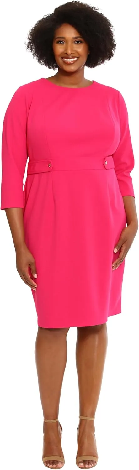 London Times Women's Work Office Business Sheath Dress with Button Waist Detail