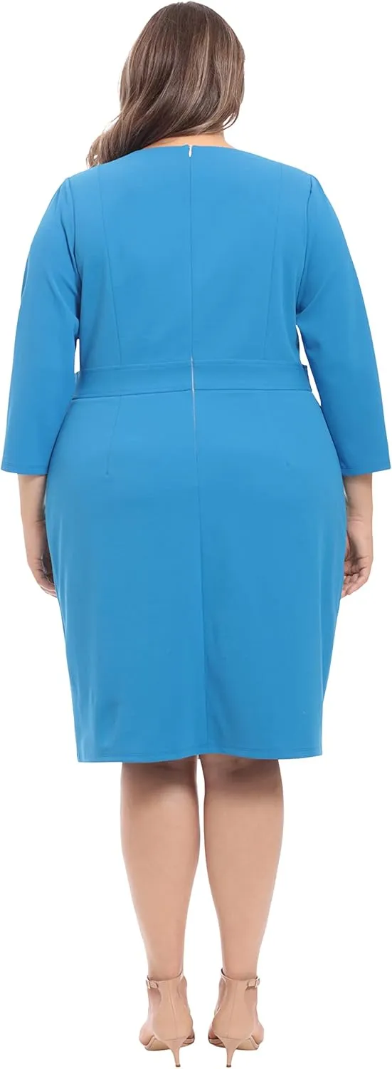 London Times Women's Work Office Business Sheath Dress with Button Waist Detail