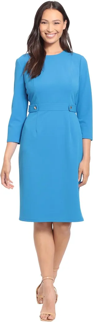 London Times Women's Work Office Business Sheath Dress with Button Waist Detail