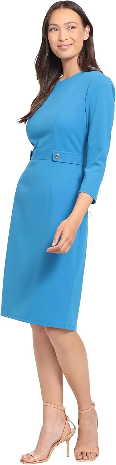 London Times Women's Work Office Business Sheath Dress with Button Waist Detail