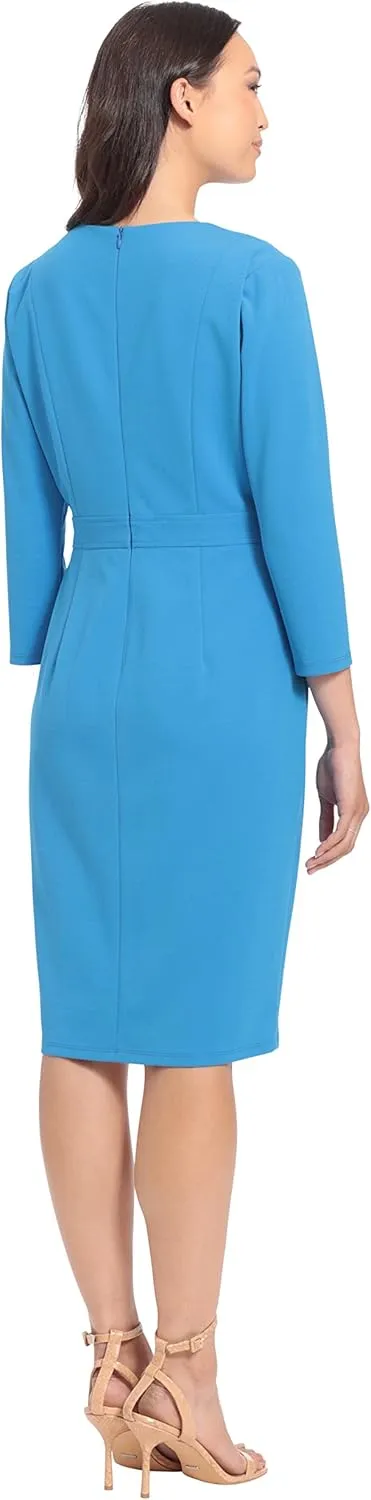 London Times Women's Work Office Business Sheath Dress with Button Waist Detail