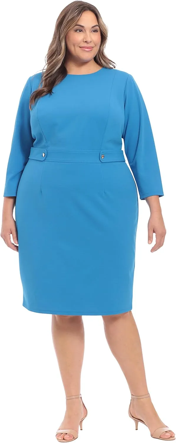London Times Women's Work Office Business Sheath Dress with Button Waist Detail