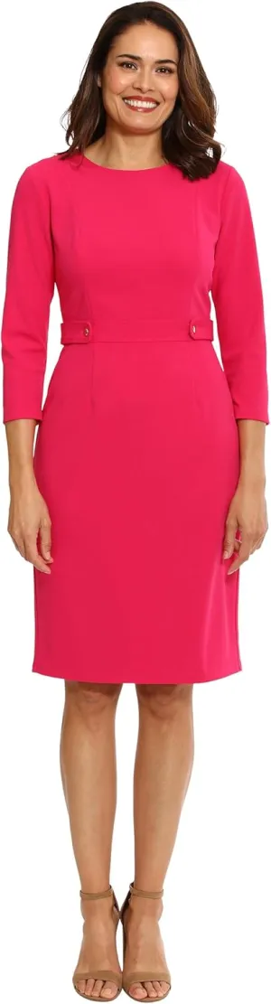 London Times Women's Work Office Business Sheath Dress with Button Waist Detail