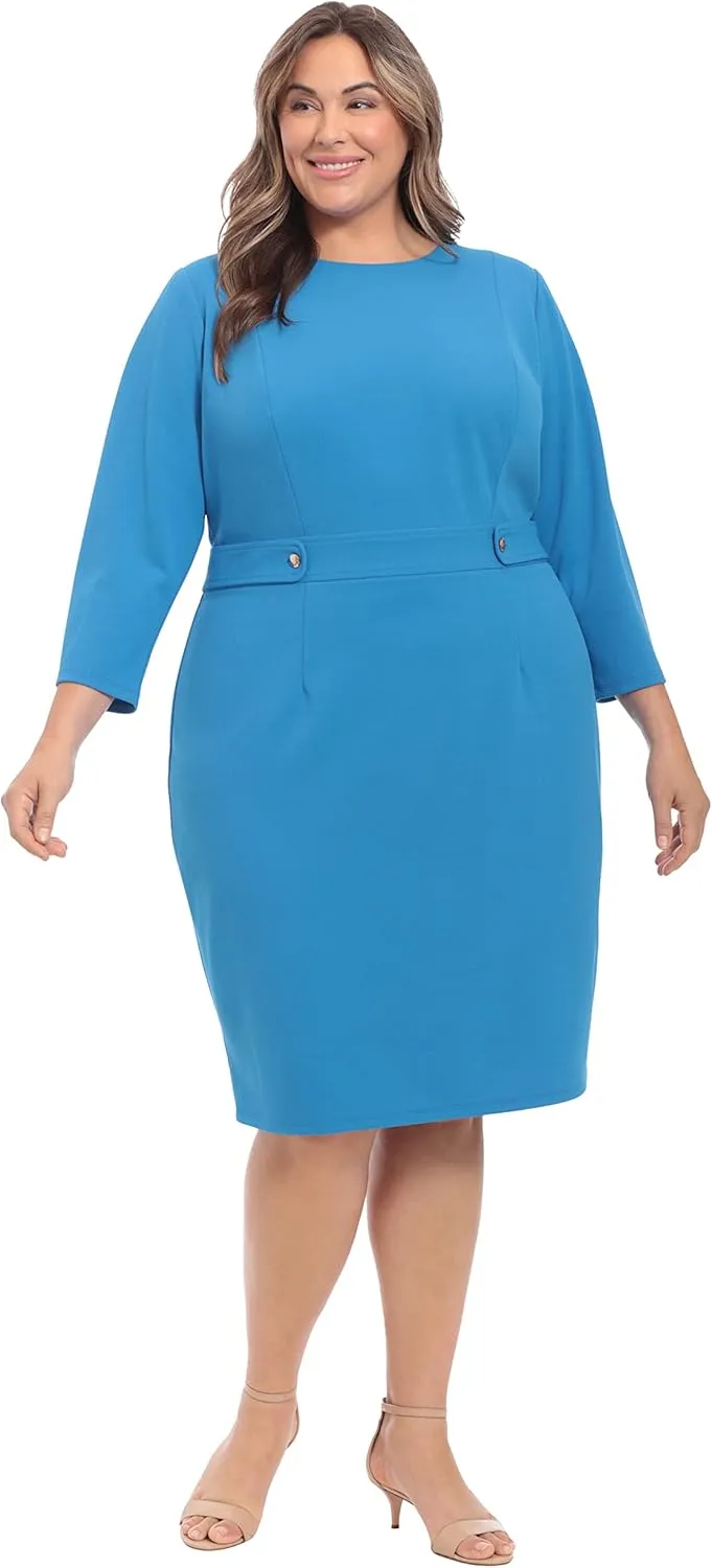 London Times Women's Work Office Business Sheath Dress with Button Waist Detail