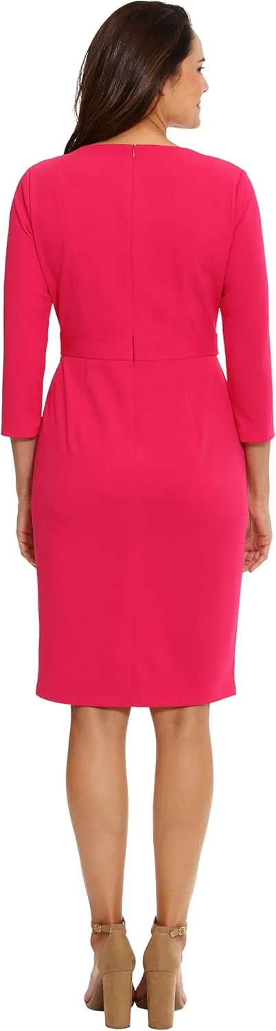 London Times Women's Work Office Business Sheath Dress with Button Waist Detail