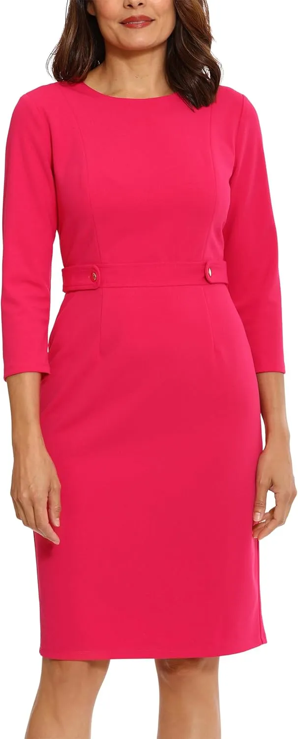 London Times Women's Work Office Business Sheath Dress with Button Waist Detail