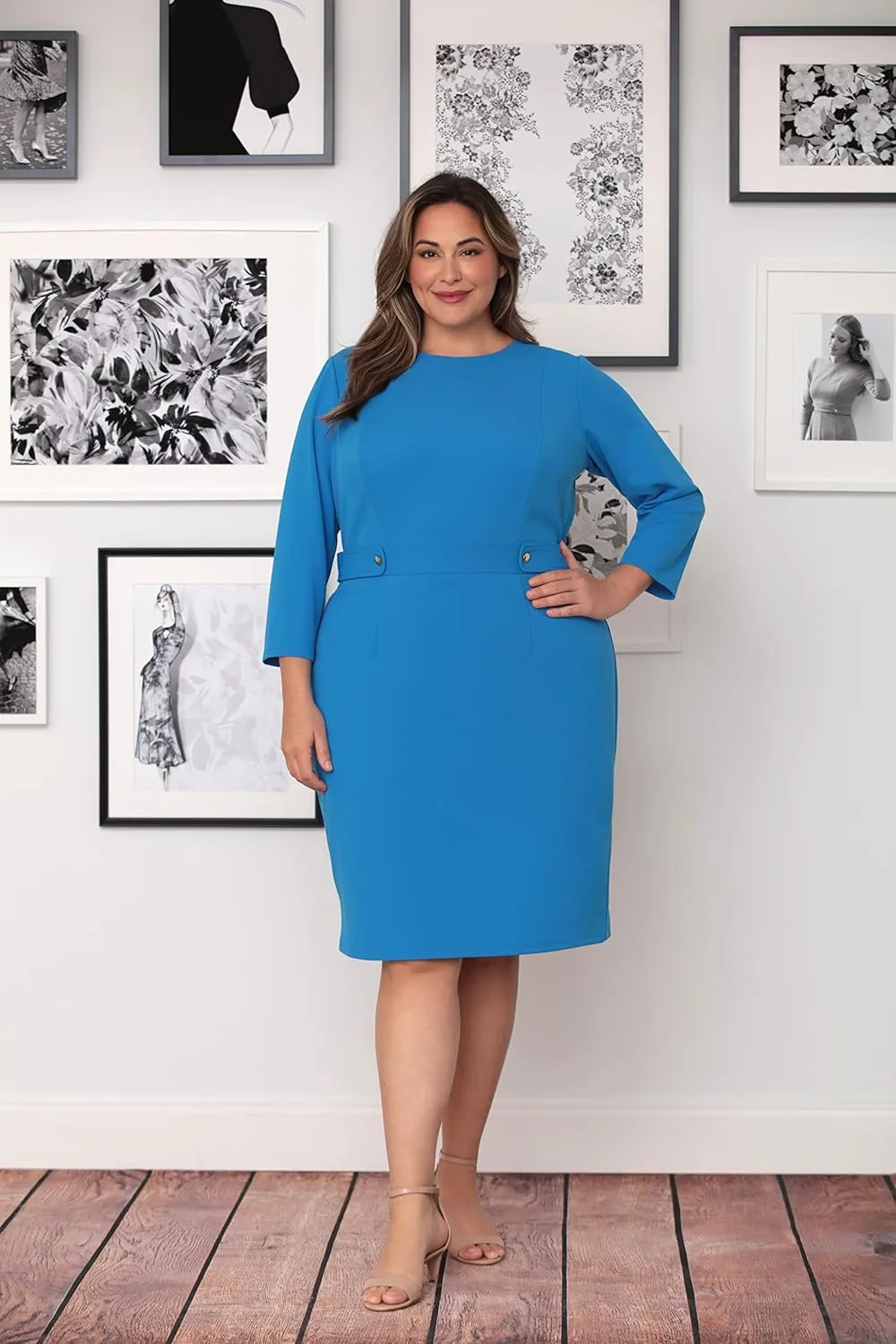 London Times Women's Work Office Business Sheath Dress with Button Waist Detail