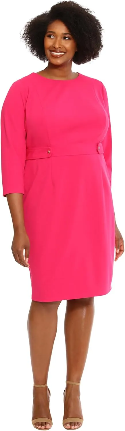 London Times Women's Work Office Business Sheath Dress with Button Waist Detail