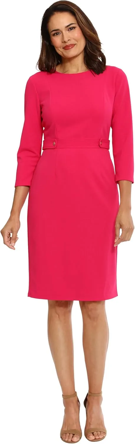 London Times Women's Work Office Business Sheath Dress with Button Waist Detail