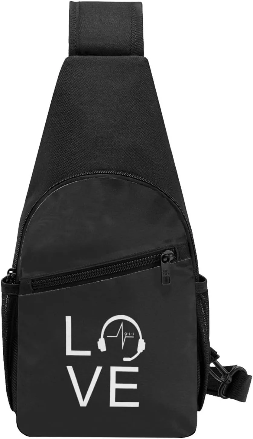 Love 911 Police Chat Operator Dispatcher Unisex Chest Bag Lightweight Crossbody Shoulder Bag Travel Pocket Black