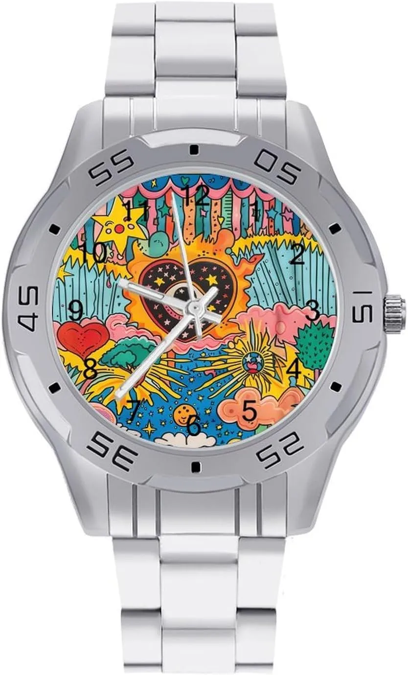 Love Heart Sun Eyes Stars Graffiti Simple Stainless Steel Band Business Watch Dress Wrist Unique Luxury Work Casual Waterproof Watches
