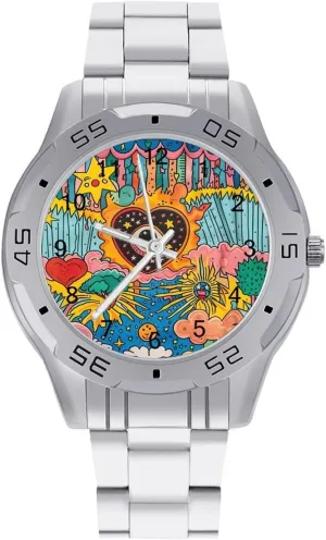 Love Heart Sun Eyes Stars Graffiti Simple Stainless Steel Band Business Watch Dress Wrist Unique Luxury Work Casual Waterproof Watches