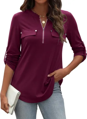 LuckyMore Women's 3/4 Sleeve Tops Cuffed Zip V Neck Business Casual Work Blouses Tunic Shirts