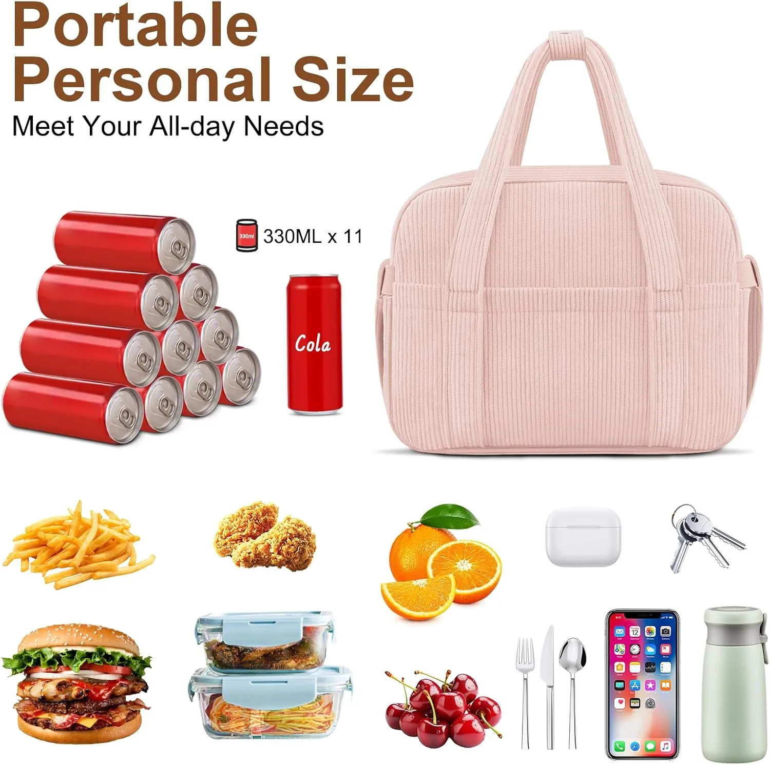 Lunch Box Lunch Bag for Women Adults Men, Cute Insulated Reusable Lunchbox Leakproof Simple Lunch Boxes Soft Corduroy Lunch Tote Bag Large Cooler Bag Containers, with Shoulder Strap