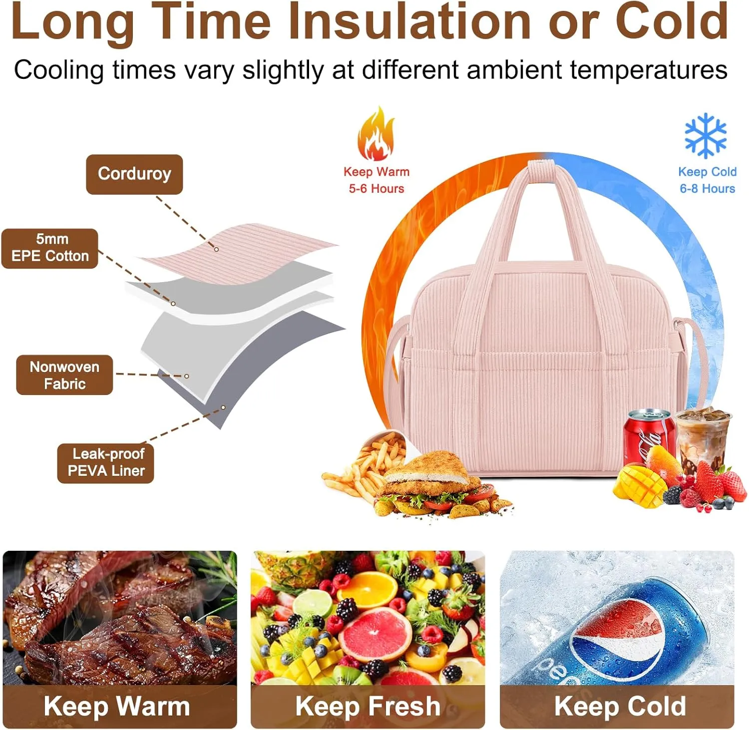 Lunch Box Lunch Bag for Women Adults Men, Cute Insulated Reusable Lunchbox Leakproof Simple Lunch Boxes Soft Corduroy Lunch Tote Bag Large Cooler Bag Containers, with Shoulder Strap