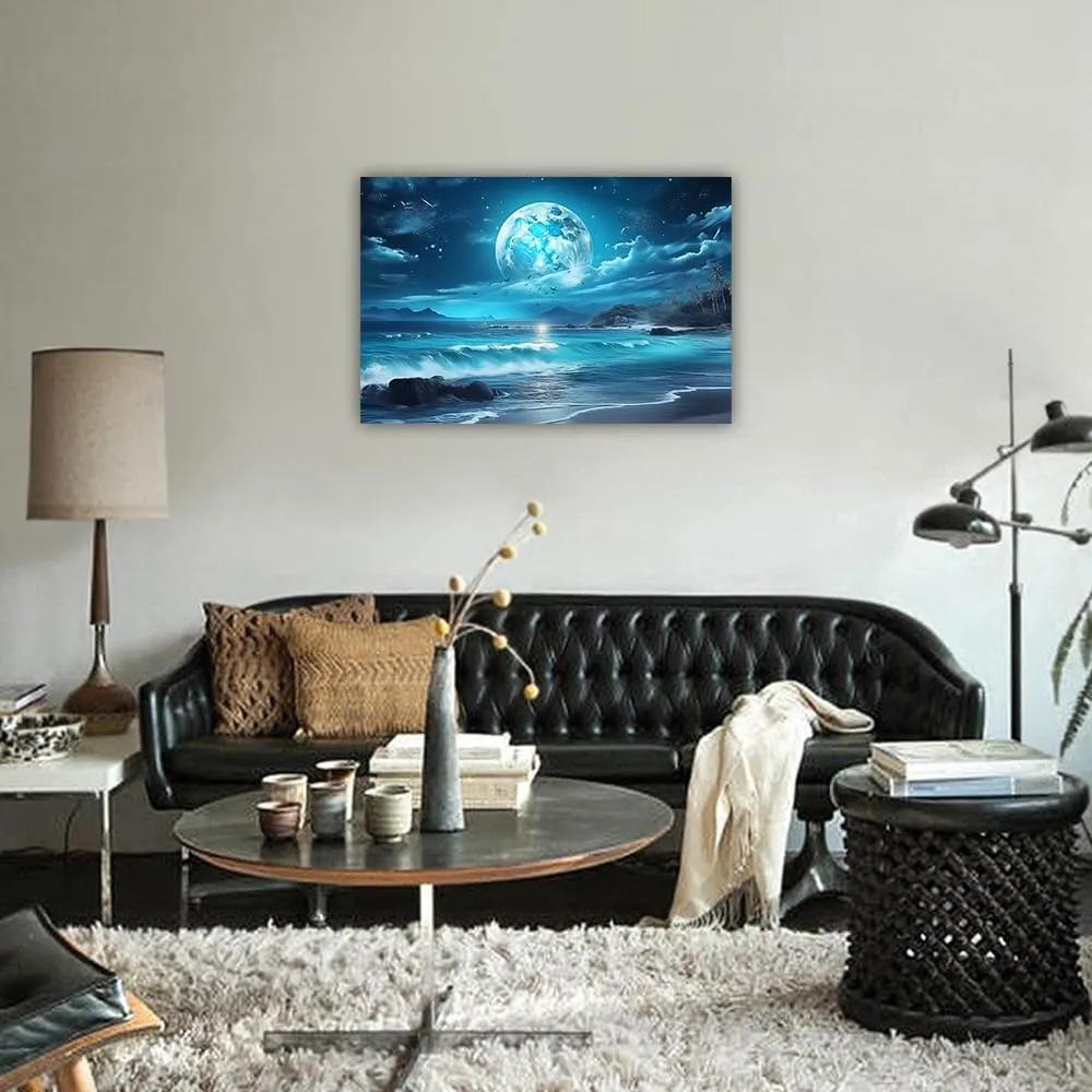 LURENCZH Ocean Moon Wall Art Large Moon Canvas Prints Night Beach Landscape Picture Painting for Living Room Office Decor Framed(Moon-3,12.00" x 18.00")