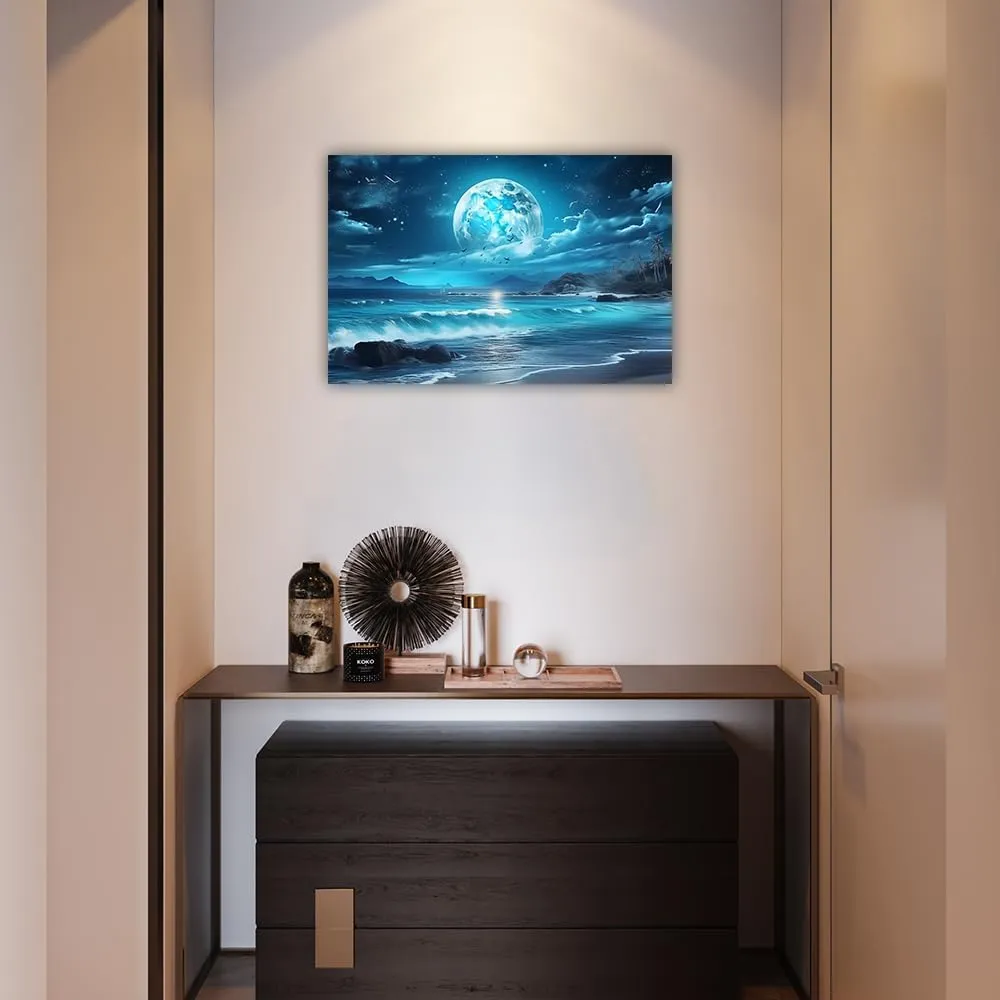 LURENCZH Ocean Moon Wall Art Large Moon Canvas Prints Night Beach Landscape Picture Painting for Living Room Office Decor Framed(Moon-3,12.00" x 18.00")