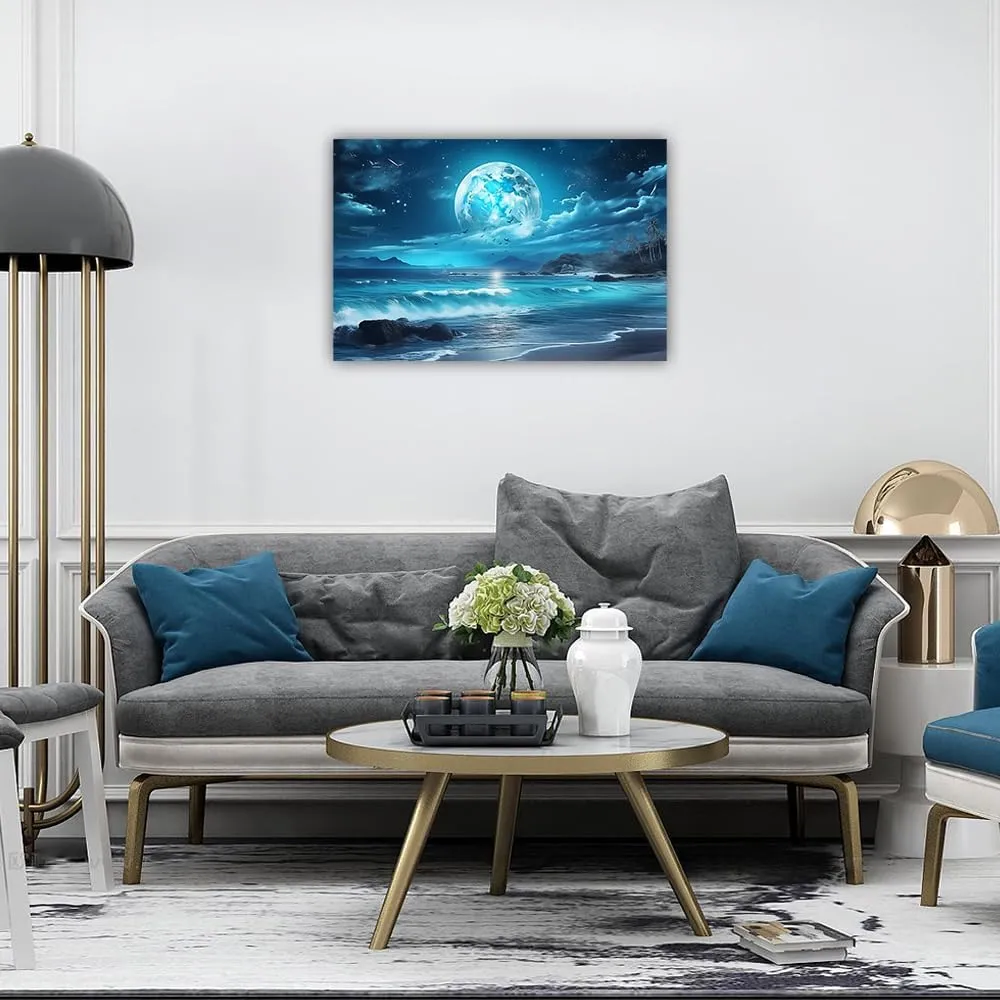 LURENCZH Ocean Moon Wall Art Large Moon Canvas Prints Night Beach Landscape Picture Painting for Living Room Office Decor Framed(Moon-3,12.00" x 18.00")