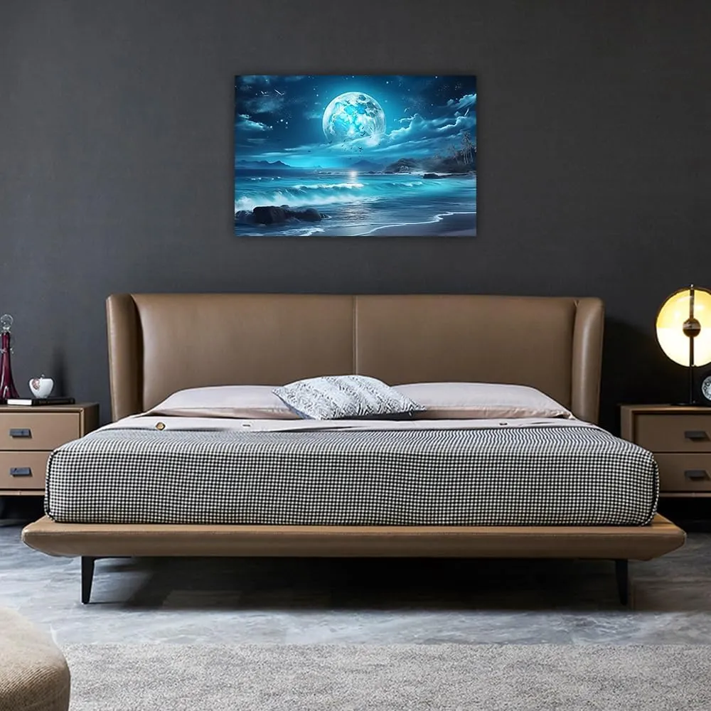 LURENCZH Ocean Moon Wall Art Large Moon Canvas Prints Night Beach Landscape Picture Painting for Living Room Office Decor Framed(Moon-3,12.00" x 18.00")