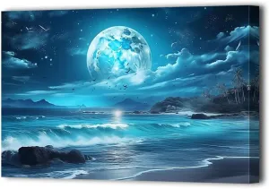 LURENCZH Ocean Moon Wall Art Large Moon Canvas Prints Night Beach Landscape Picture Painting for Living Room Office Decor Framed(Moon-3,12.00" x 18.00")