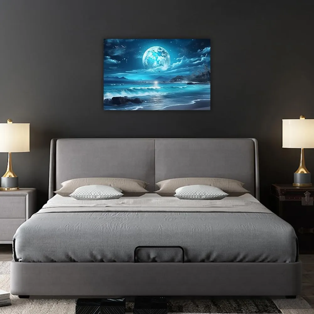 LURENCZH Ocean Moon Wall Art Large Moon Canvas Prints Night Beach Landscape Picture Painting for Living Room Office Decor Framed(Moon-3,12.00" x 18.00")