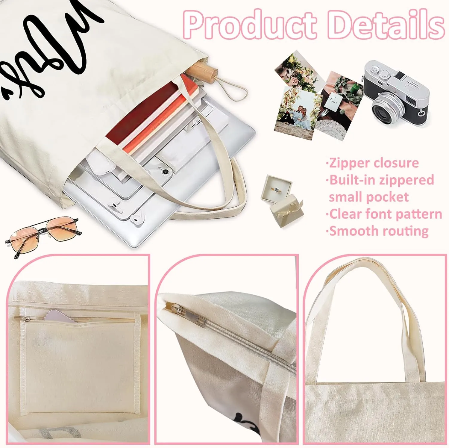 Lutto Canvas Bag with Zip Pocke - Wedding Engagement Bachelorette Birthday Mothers Day Gifts for Women