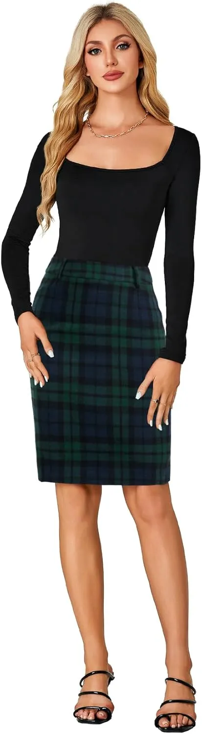 LYANER Women's Elegant Plaid Zipper High Waist Bodycon Fall Pencil Midi Skirt Knee Length