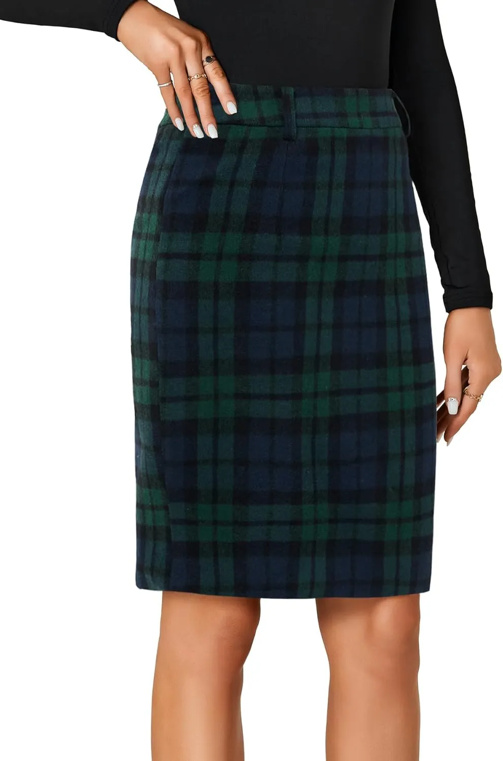 LYANER Women's Elegant Plaid Zipper High Waist Bodycon Fall Pencil Midi Skirt Knee Length