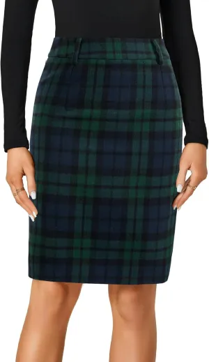 LYANER Women's Elegant Plaid Zipper High Waist Bodycon Fall Pencil Midi Skirt Knee Length
