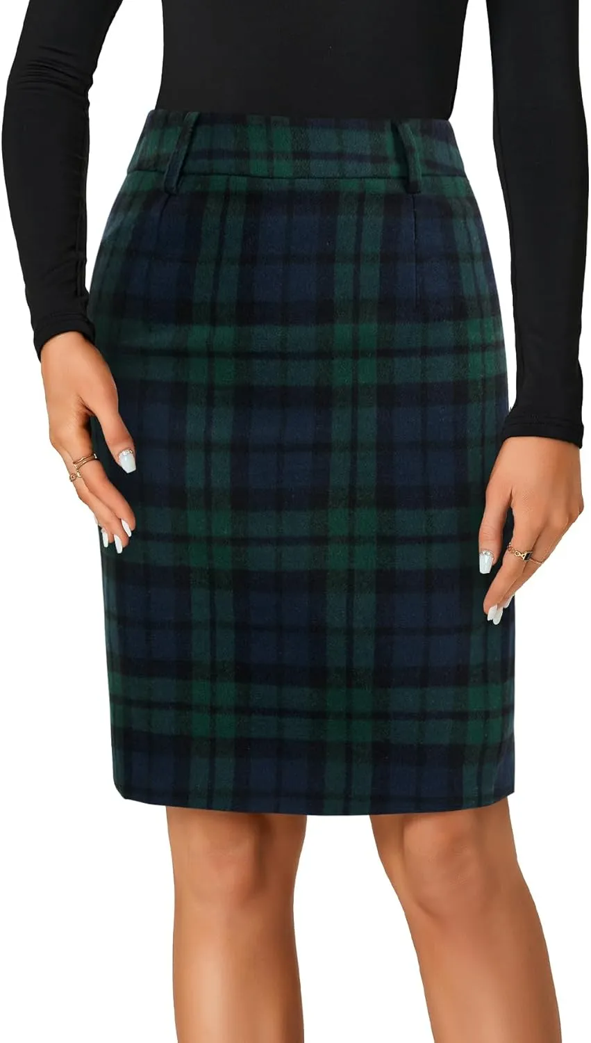 LYANER Women's Elegant Plaid Zipper High Waist Bodycon Fall Pencil Midi Skirt Knee Length