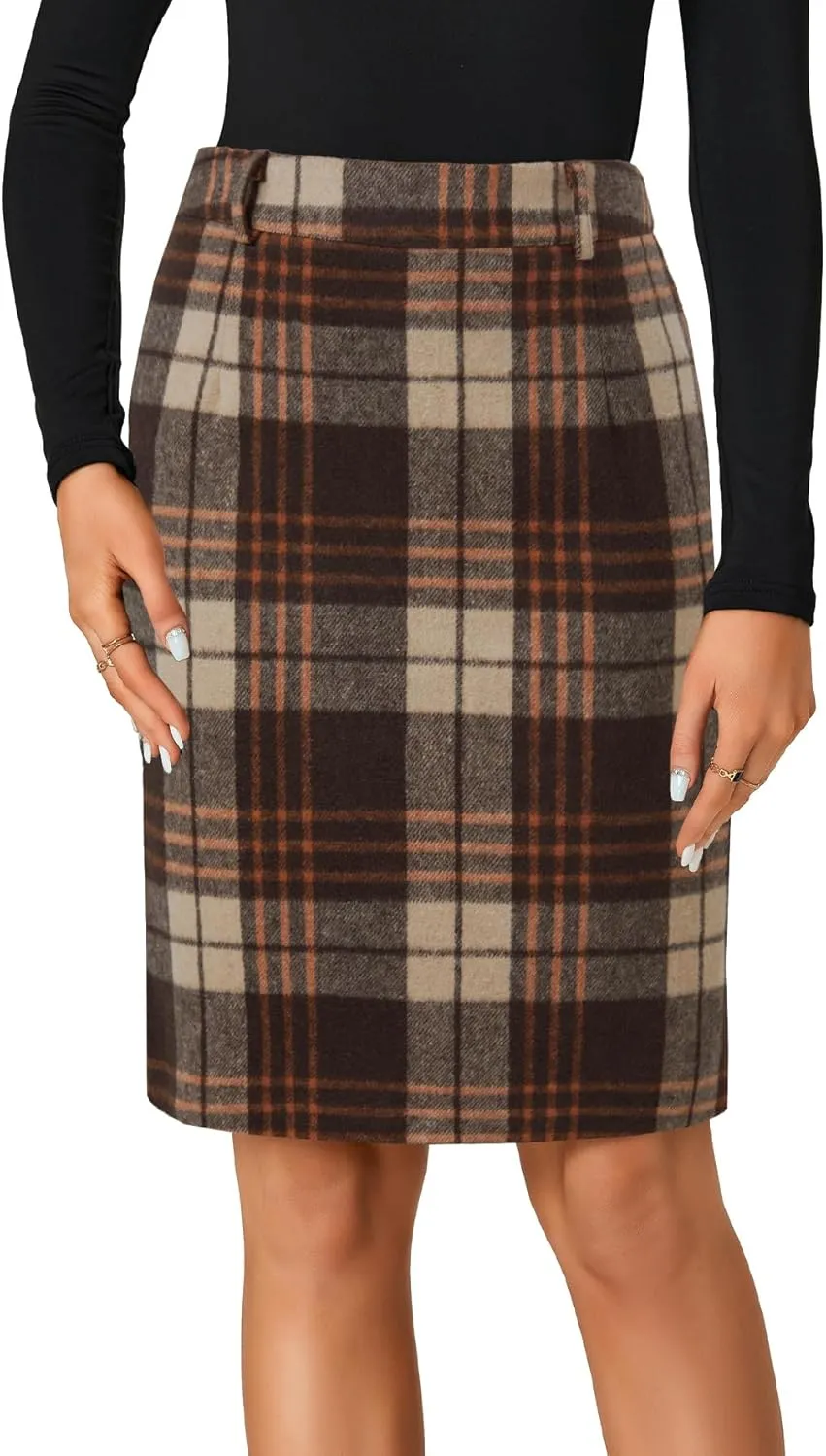 LYANER Women's Elegant Plaid Zipper High Waist Bodycon Fall Pencil Midi Skirt Knee Length
