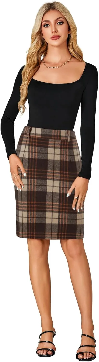 LYANER Women's Elegant Plaid Zipper High Waist Bodycon Fall Pencil Midi Skirt Knee Length