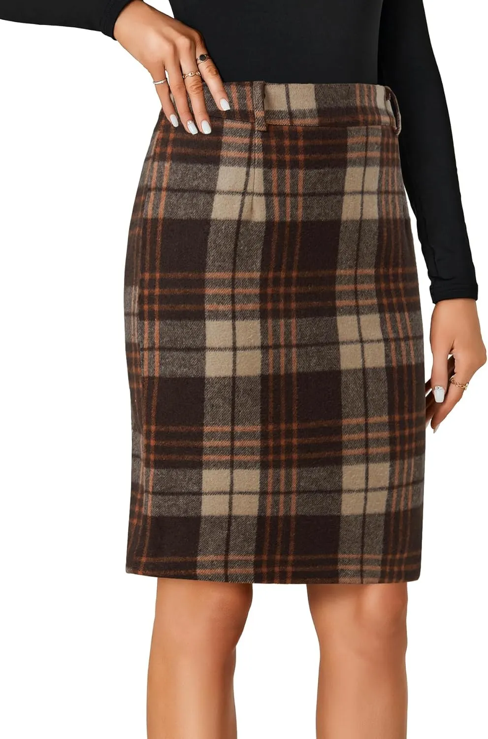 LYANER Women's Elegant Plaid Zipper High Waist Bodycon Fall Pencil Midi Skirt Knee Length