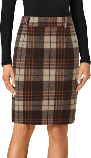 LYANER Women's Elegant Plaid Zipper High Waist Bodycon Fall Pencil Midi Skirt Knee Length