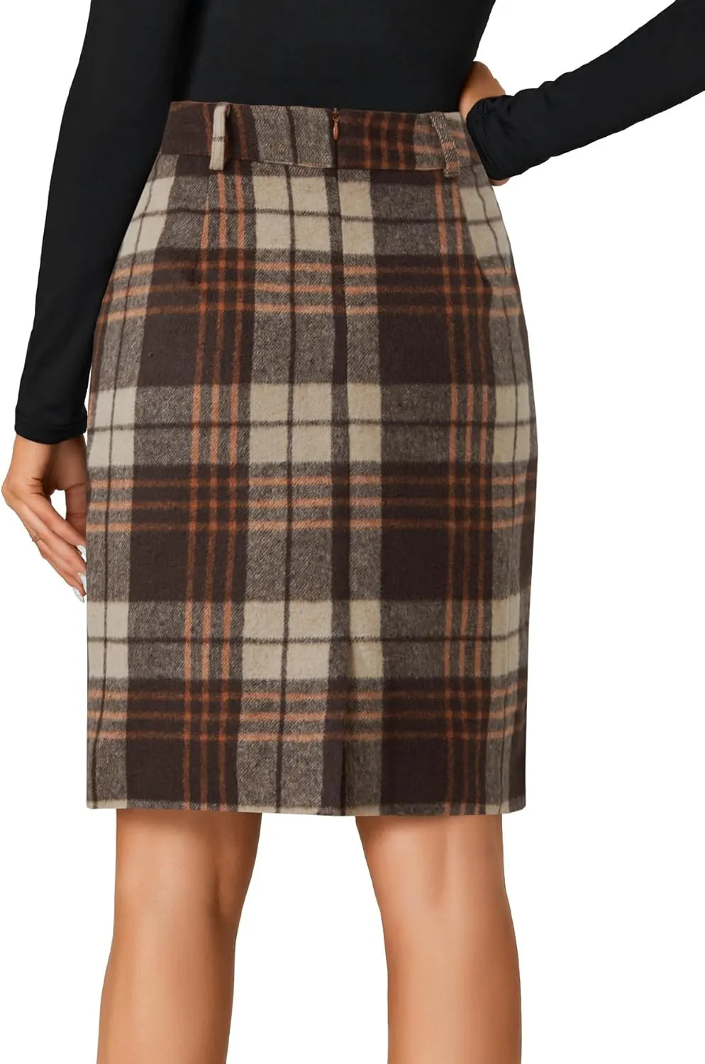 LYANER Women's Elegant Plaid Zipper High Waist Bodycon Fall Pencil Midi Skirt Knee Length