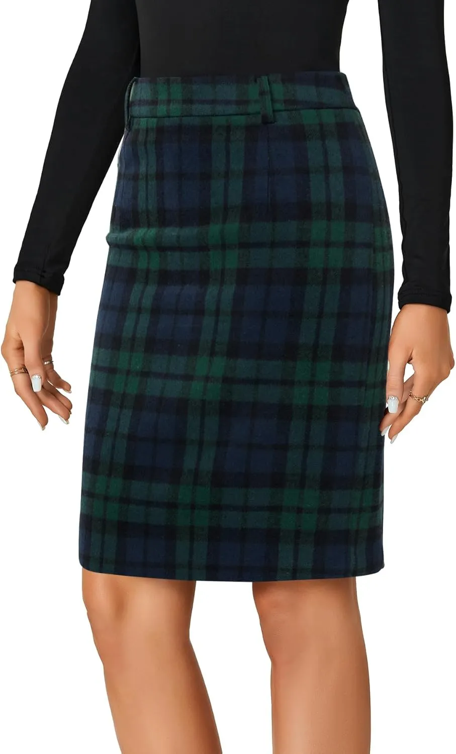 LYANER Women's Elegant Plaid Zipper High Waist Bodycon Fall Pencil Midi Skirt Knee Length