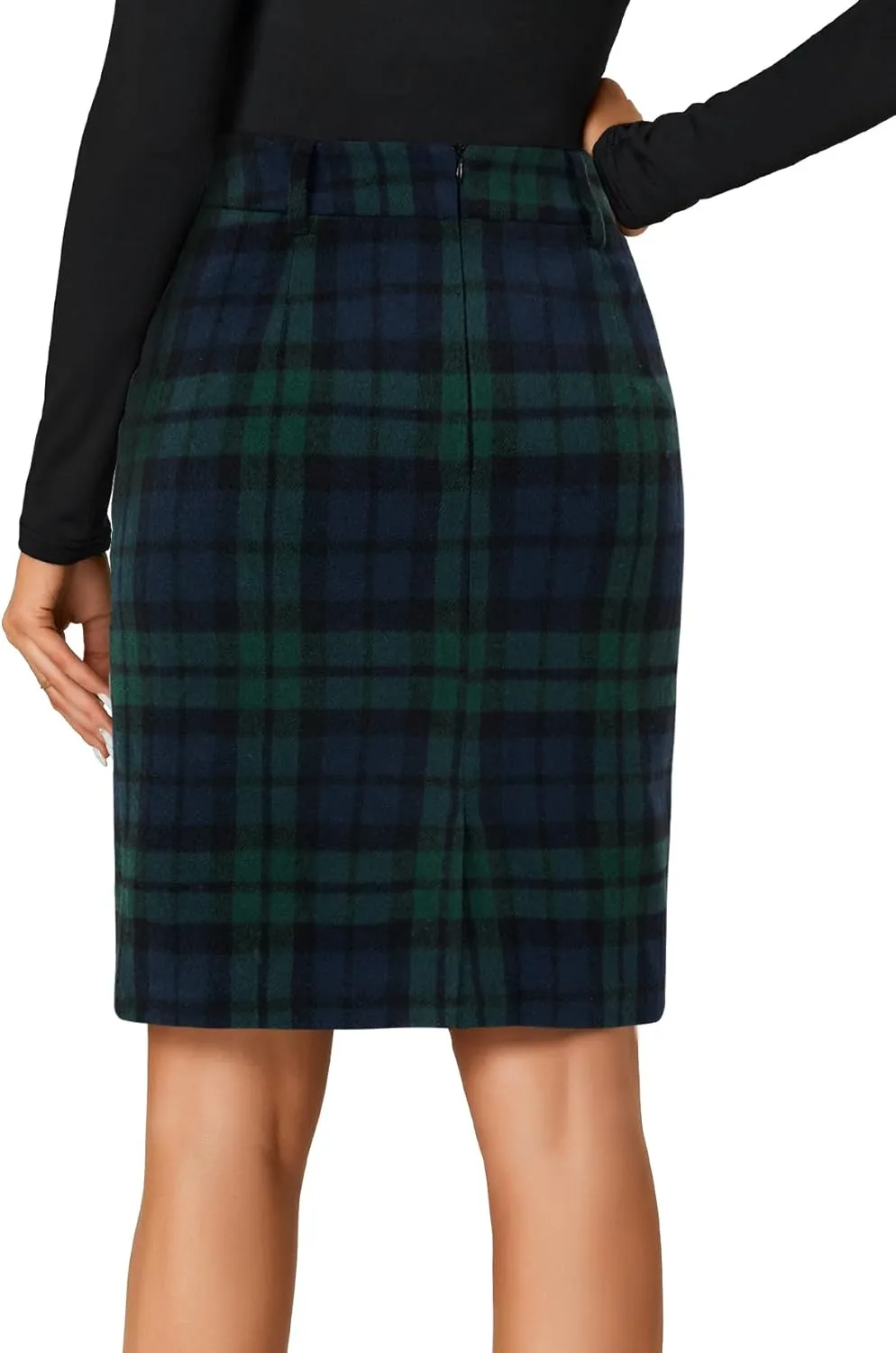 LYANER Women's Elegant Plaid Zipper High Waist Bodycon Fall Pencil Midi Skirt Knee Length