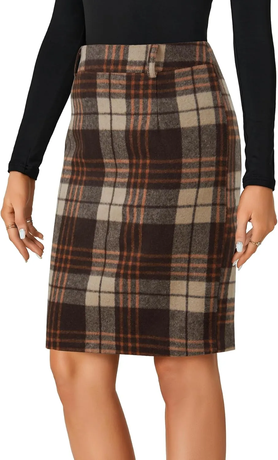 LYANER Women's Elegant Plaid Zipper High Waist Bodycon Fall Pencil Midi Skirt Knee Length