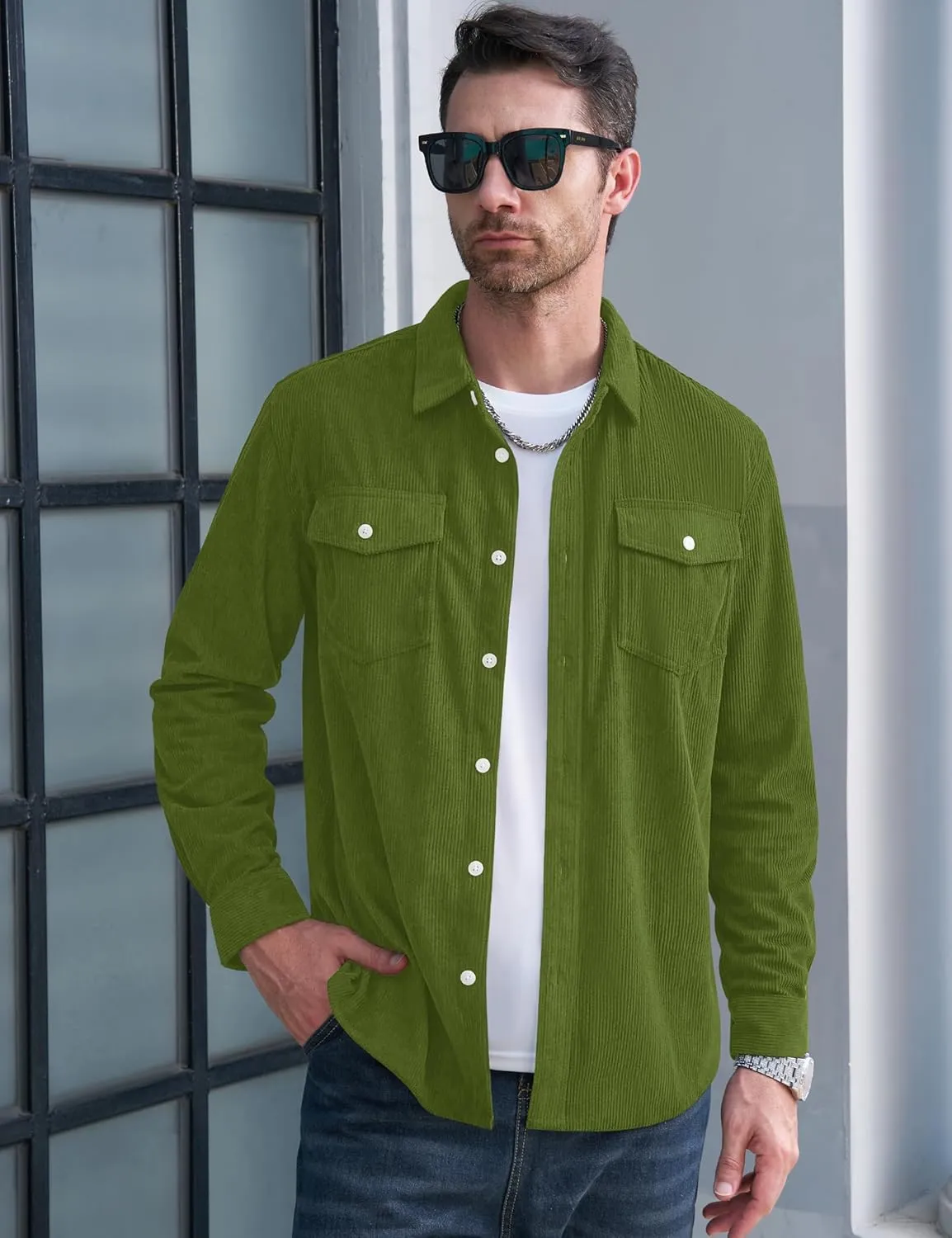 MAGCOMSEN Men's Corduroy Shirt Jacket Long Sleeve Lightweight Jacket Button-Up Casual Shacket with Flap Pockets
