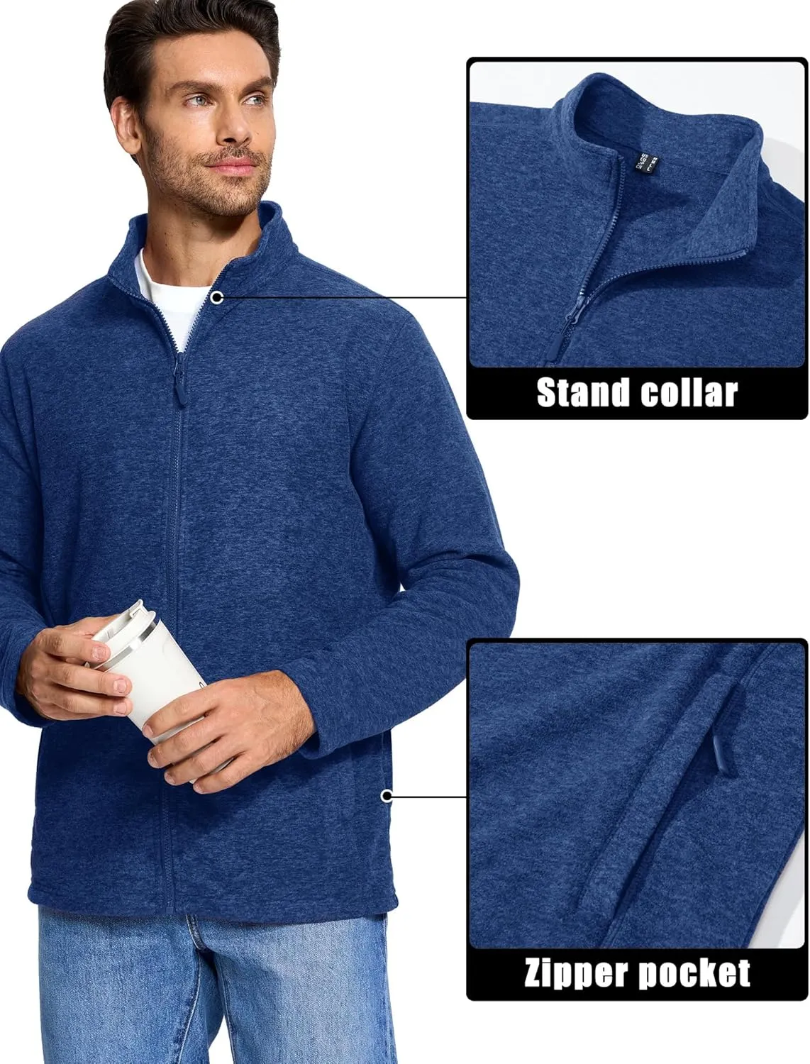 MAGCOMSEN Men's Fleece Full Zip Jacket Lightweight Stand Collar Jackets Soft Warm Windproof Casual Coats with Zipper Pockets
